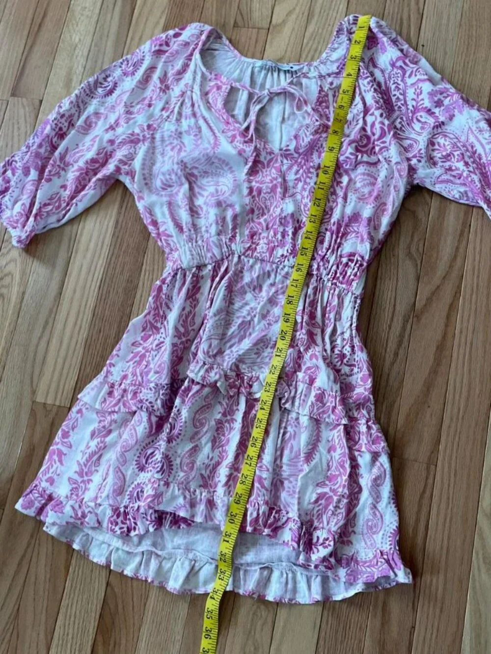 Zara Pink Paisley Boho Puff Sleeve Mini Dress Medium Cottagecore Peasant Linen - Picture 7 of 8